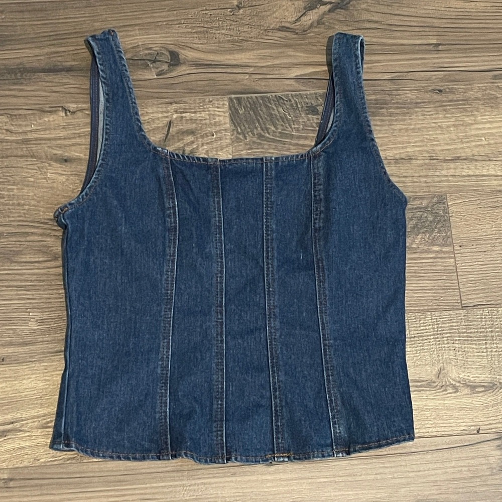 Rachel Zoe Women Small Blue Denim Corset Tank Top Square Neck Side Zip Seamed